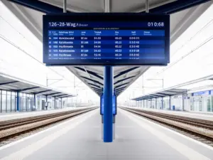 Nowoczesny peron kolejowy z tablicą informacyjną - pkp wyszukiwarka połączeń ułatwia planowanie podróży pociągiem