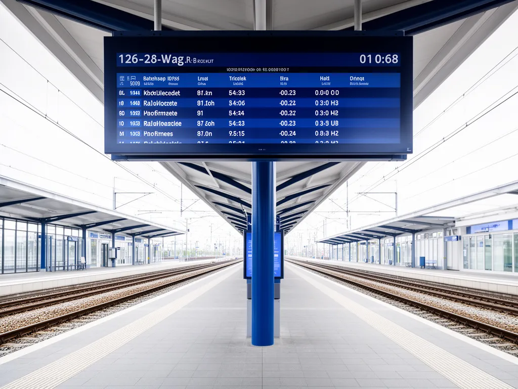 Nowoczesny peron kolejowy z tablicą informacyjną - pkp wyszukiwarka połączeń ułatwia planowanie podróży pociągiem