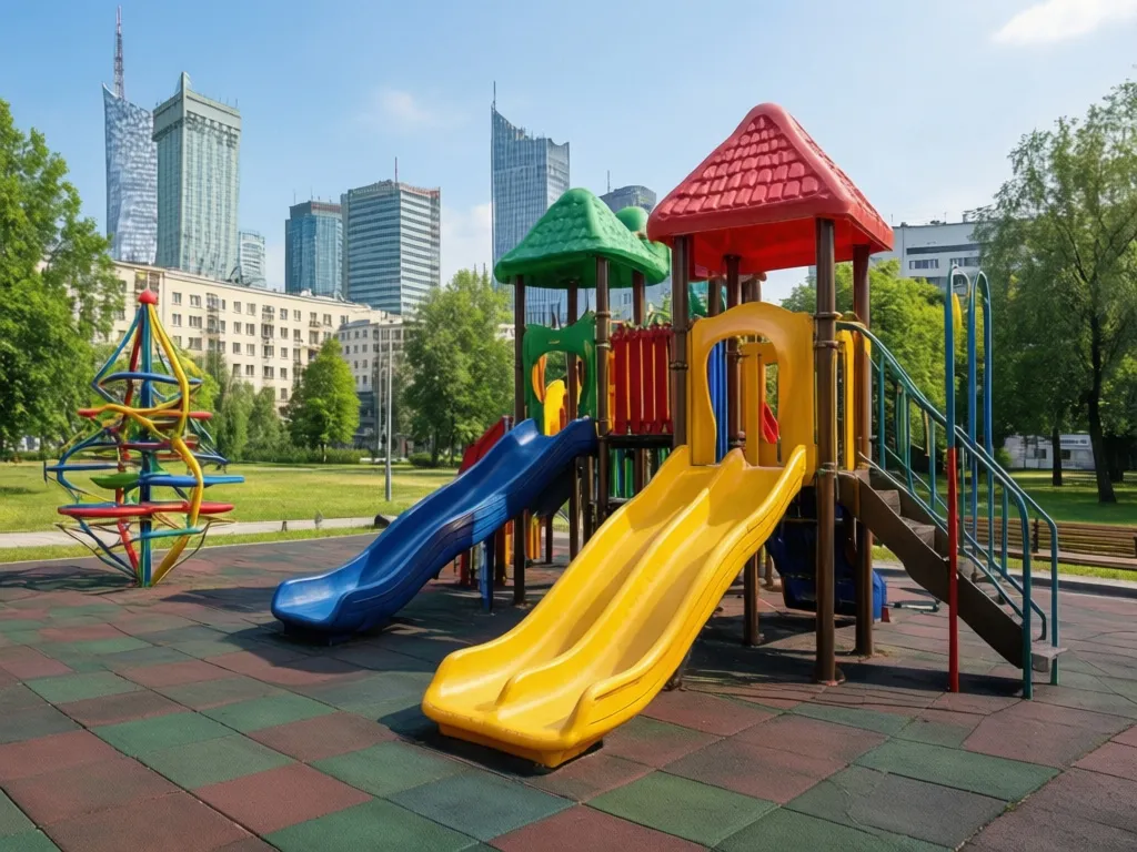 Nowoczesny plac zabaw Warszawa z kolorowymi urządzeniami zabawowymi i zjeżdżalniami w parku miejskim