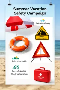 Plakat bezpieczne wakacje z symbolami lata - koło ratunkowe, parasol plażowy i znaki ostrzegawcze