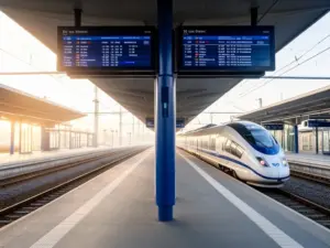 Nowoczesny peron kolejowy z tablicą rozkładu jazdy - plan podróży PKP ułatwia podróżowanie po Polsce