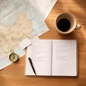 Mapa i notes z harmonogramem na stole – przykład dobrze przygotowanego planu wycieczki