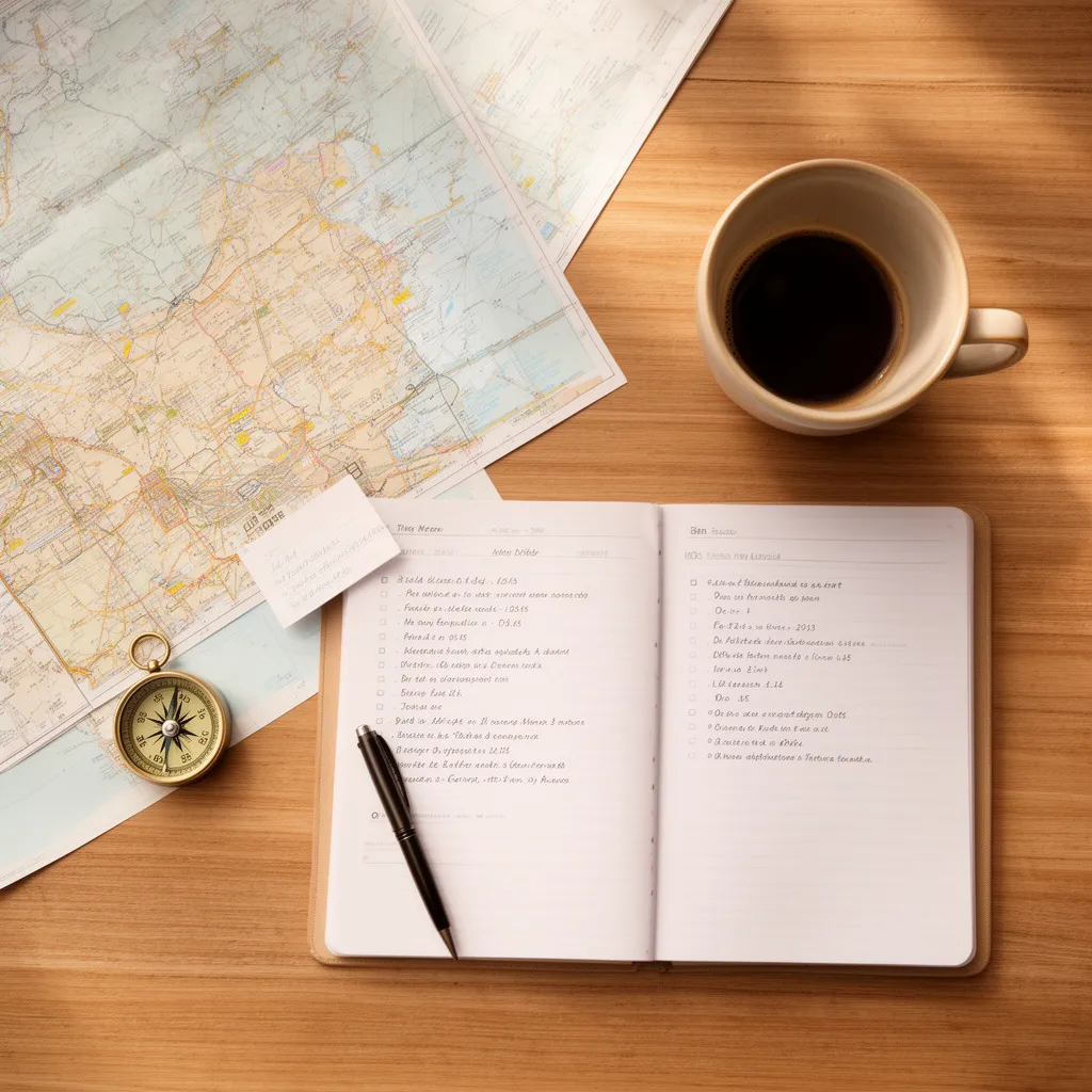 Mapa i notes z harmonogramem na stole – przykład dobrze przygotowanego planu wycieczki