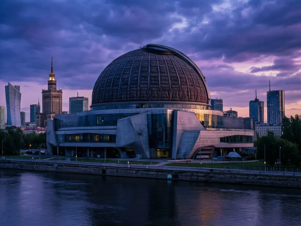 Nowoczesny budynek planetarium Warszawa nad Wisłą z charakterystyczną kopułą projekcyjną o zmierzchu