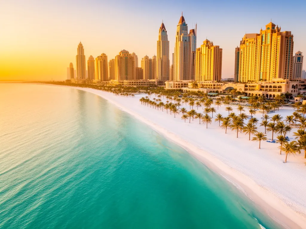 Plaża Dubaj z białym piaskiem i turkusową wodą Zatoki Perskiej na tle panoramy hoteli