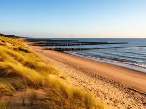 Plaża Gdańsk Stogi z charakterystycznymi wydmami i falochronami nad Morzem Bałtyckim