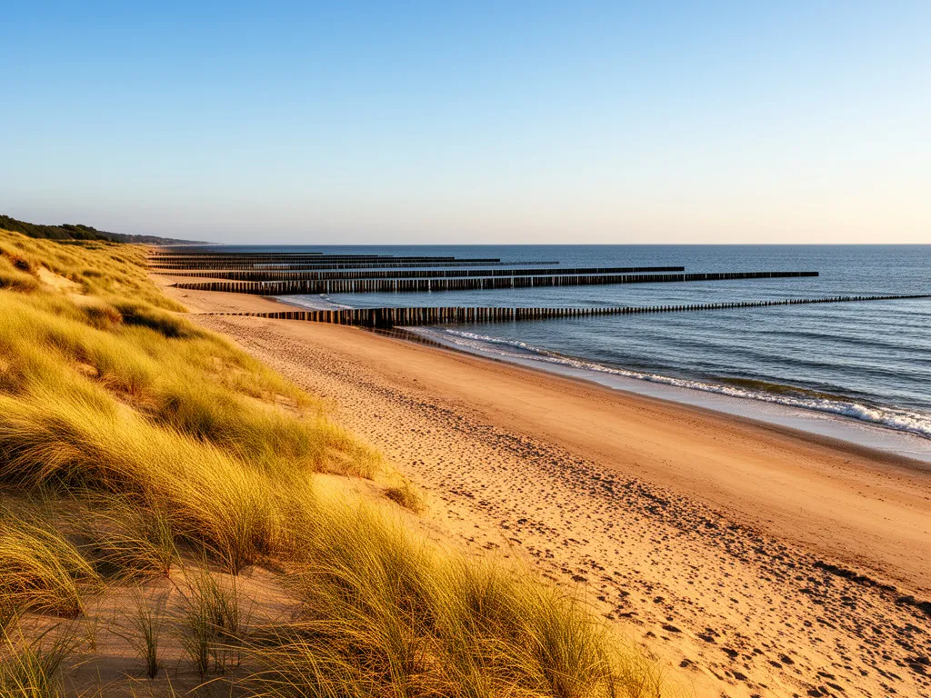Plaża Gdańsk Stogi z charakterystycznymi wydmami i falochronami nad Morzem Bałtyckim