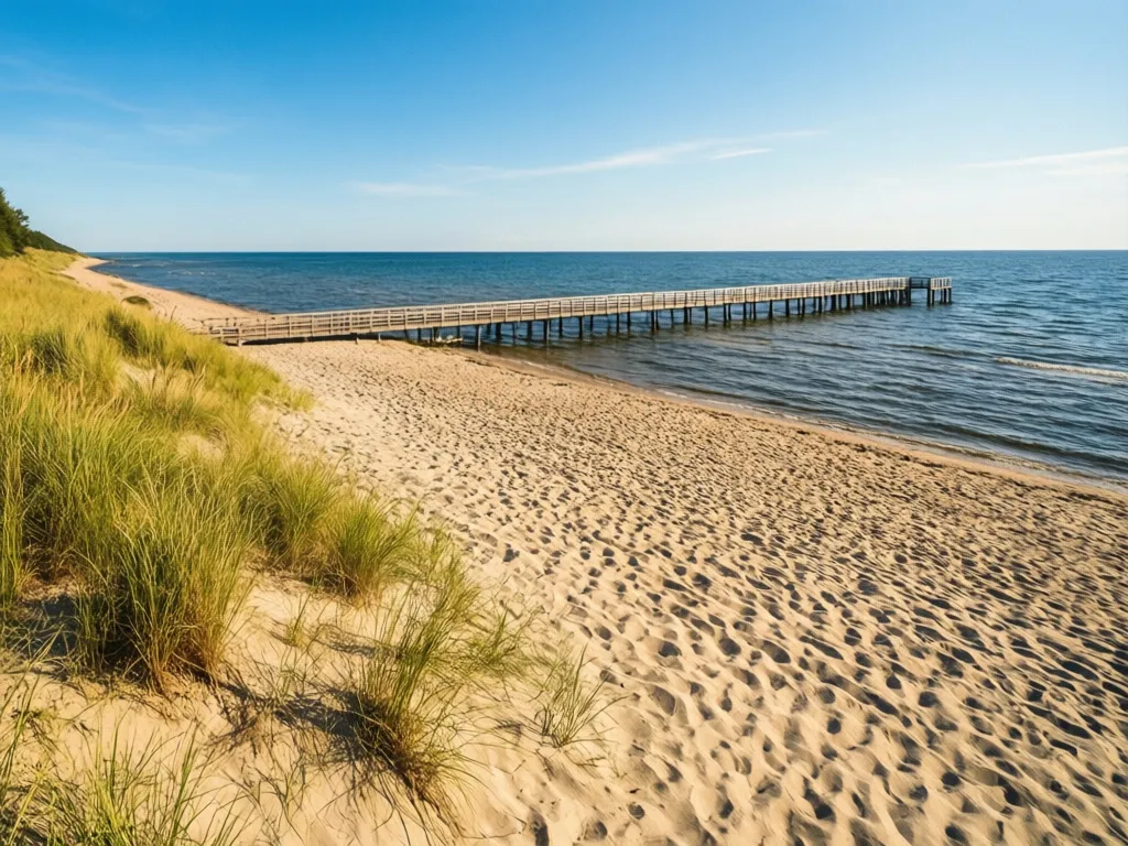 Plaża Gdańsk nad Morzem Bałtyckim z drewnianym molo i piaszczystym brzegiem w słoneczny dzień