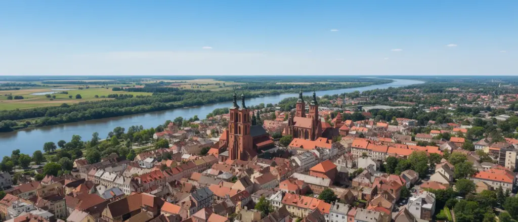Płock mapa turystyczna pokazująca panoramę miasta nad Wisłą z widocznymi zabytkami i rzeką