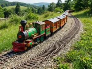 Miniaturowy pociąg dla dzieci jadący malowniczą trasą przez zielony park rozrywki