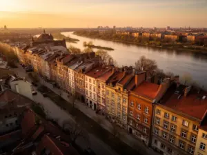 Podgórze Kraków – widok na historyczną dzielnicę z charakterystyczną zabudową nad Wisłą