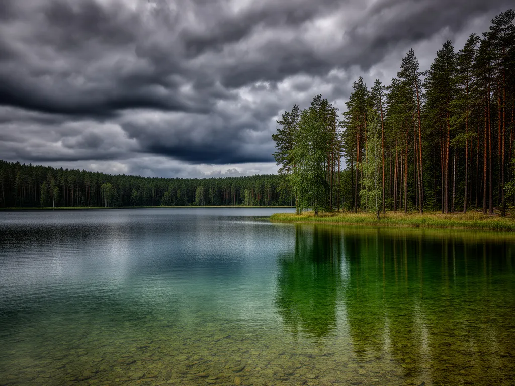 Pogoda Mazury - malowniczy krajobraz mazurskich jezior z dramatycznym niebem zapowiadającym zmienną aurę