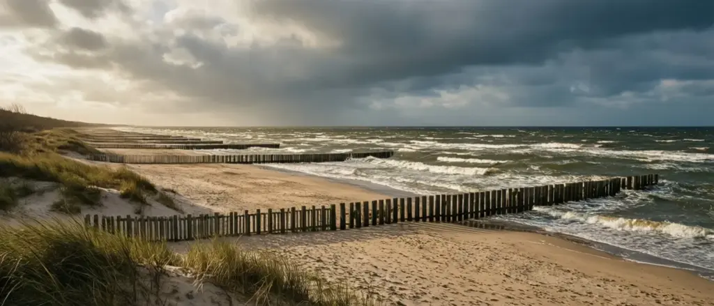 Pogoda na 16 dni nad morzem Mielno - widok na plażę w Mielnie z falami Bałtyku i pochmurnym niebem