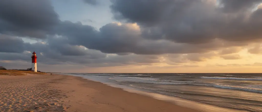 Pogoda na 16 dni Świnoujście - widok na plażę bałtycką z latarnią morską i malowniczym niebem nad morzem
