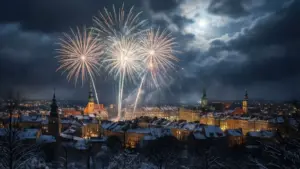 Pogoda na sylwester - zimowe niebo nad zaśnieżonym miastem podczas nocy sylwestrowej z chmurami burzowymi