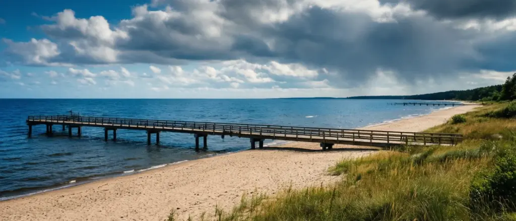 Pogoda nad morzem 16 dniowa - widok na polskie wybrzeże Bałtyku z plażą i molo pod zmiennym niebem