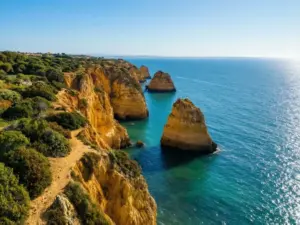 Pogoda Portugalia - słoneczne wybrzeże Algarve z klifami nad Oceanem Atlantyckim w pogodny dzień