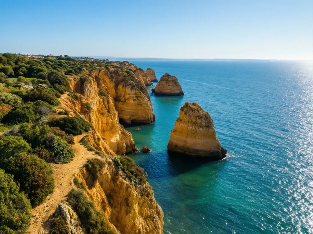 Pogoda Portugalia - słoneczne wybrzeże Algarve z klifami nad Oceanem Atlantyckim w pogodny dzień