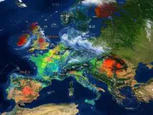 Pogoda w Europie mapa przedstawiająca strefy temperatur i opady atmosferyczne na całym kontynencie europejskim