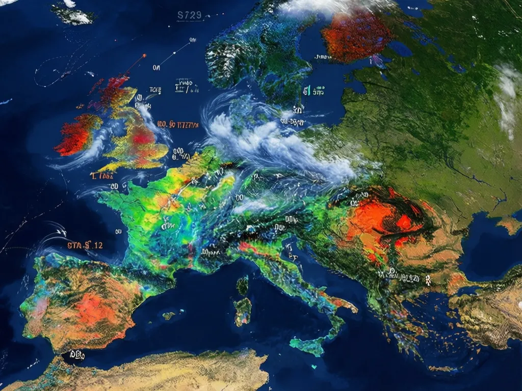 Pogoda w Europie mapa przedstawiająca strefy temperatur i opady atmosferyczne na całym kontynencie europejskim