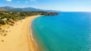 Słoneczna plaża nad morzem - idealna pogoda wakacje 2026 w Europie Południowej