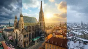 Pogoda Wiedeń - panorama miasta z katedrą św. Szczepana pod zmiennym niebem charakterystycznym dla klimatu stolicy Austrii