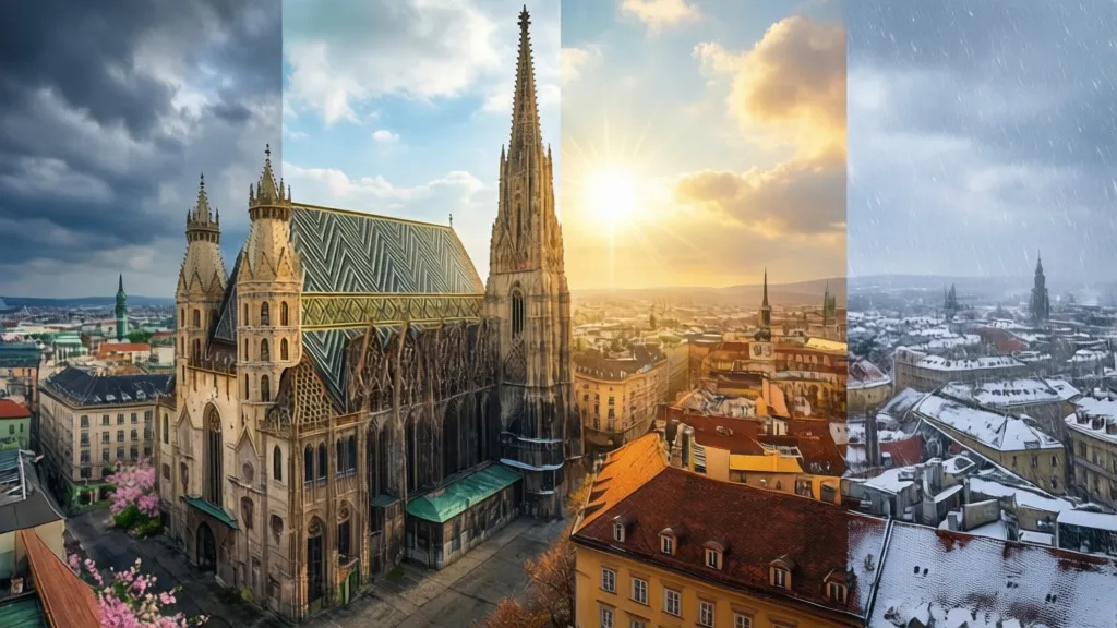 Pogoda Wiedeń - panorama miasta z katedrą św. Szczepana pod zmiennym niebem charakterystycznym dla klimatu stolicy Austrii