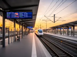 Nowoczesny peron dworca kolejowego z nadjeżdżającym pociągiem - połączenia PKP w Polsce 2026 roku