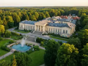Zabytkowe budynki sanatoryjne w Połczyn-Zdrój otoczone parkiem zdrojowym i lasami uzdrowiskowymi