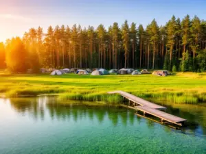 Pole namiotowe Mazury nad malowniczym jeziorem otoczonym lasem sosnowym – idealne miejsce na kemping