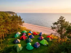 Pole namiotowe nad morzem z widokiem na plażę i Bałtyk w otoczeniu sosnowego lasu