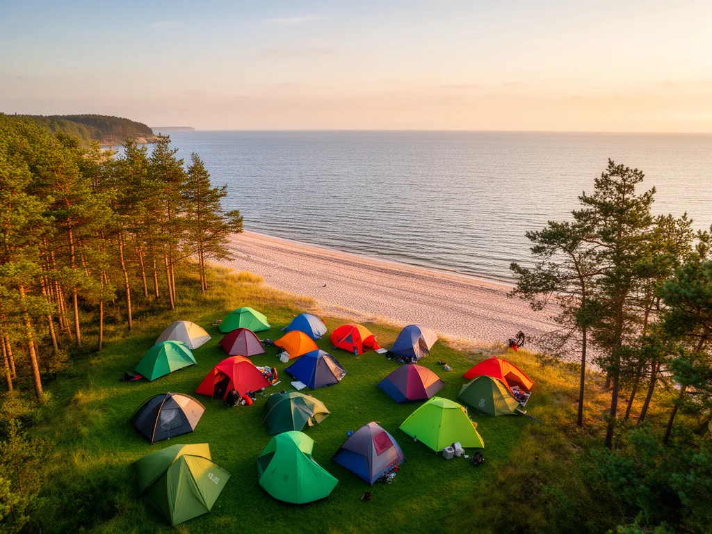 Pole namiotowe nad morzem z widokiem na plażę i Bałtyk w otoczeniu sosnowego lasu