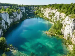 Polskie Malediwy mapa - turkusowe stawy w Parku Gródek w Jaworznie widziane z lotu ptaka, dawny kamieniołom z lazurową wodą