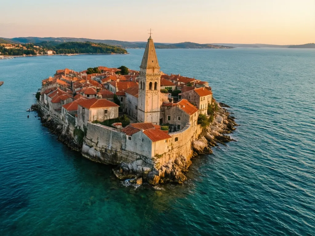 Poreč Chorwacja - widok z lotu ptaka na stare miasto i wybrzeże Istrii nad Adriatykiem