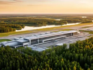 Port lotniczy Olsztyn-Mazury – widok na terminal i płytę lotniska otoczone malowniczą przyrodą Warmii i Mazur