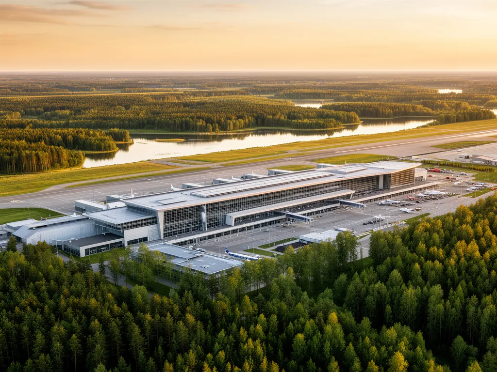 Port lotniczy Olsztyn-Mazury – widok na terminal i płytę lotniska otoczone malowniczą przyrodą Warmii i Mazur