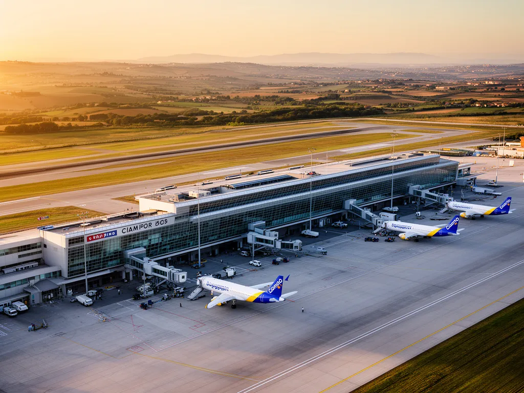 Port lotniczy Rzym-Ciampino z lotu ptaka z terminalem i samolotami tanich linii lotniczych na płycie postojowej