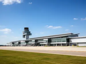 Port lotniczy Warszawa Modlin - widok na terminal i pas startowy lotniska w Modlinie