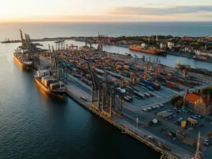 Port morski Gdańsk widziany z lotu ptaka z terminalami kontenerowymi i statkami przy nabrzeżu Zatoki Gdańskiej
