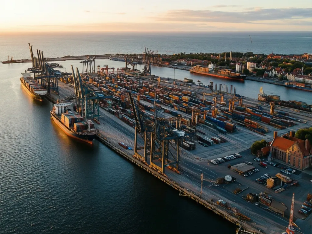 Port morski Gdańsk widziany z lotu ptaka z terminalami kontenerowymi i statkami przy nabrzeżu Zatoki Gdańskiej