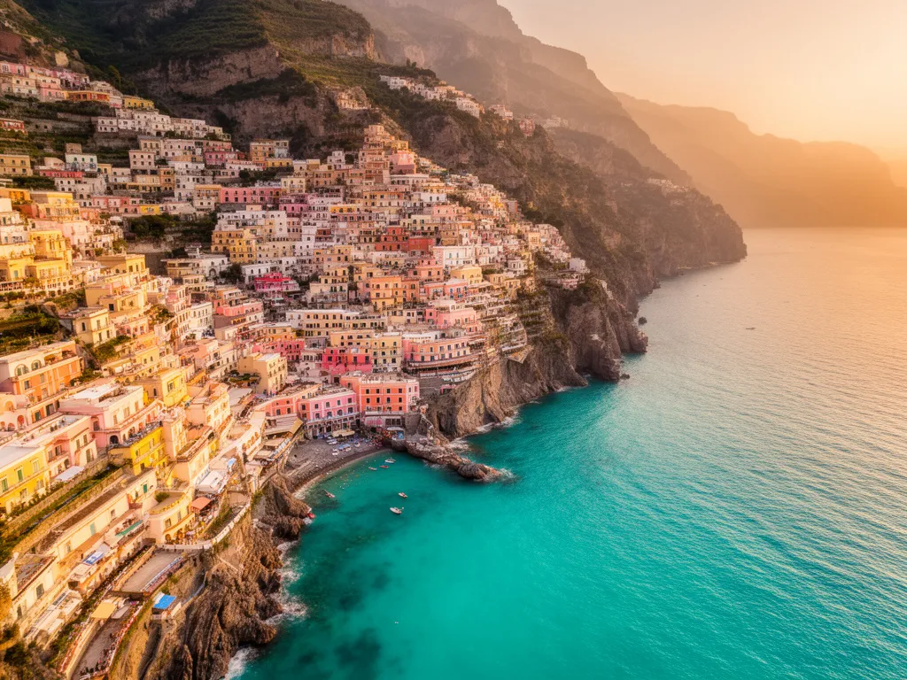 Positano Włochy - kolorowe domy kaskadowo schodzące po klifach do Morza Tyrreńskiego na Wybrzeżu Amalfitańskim