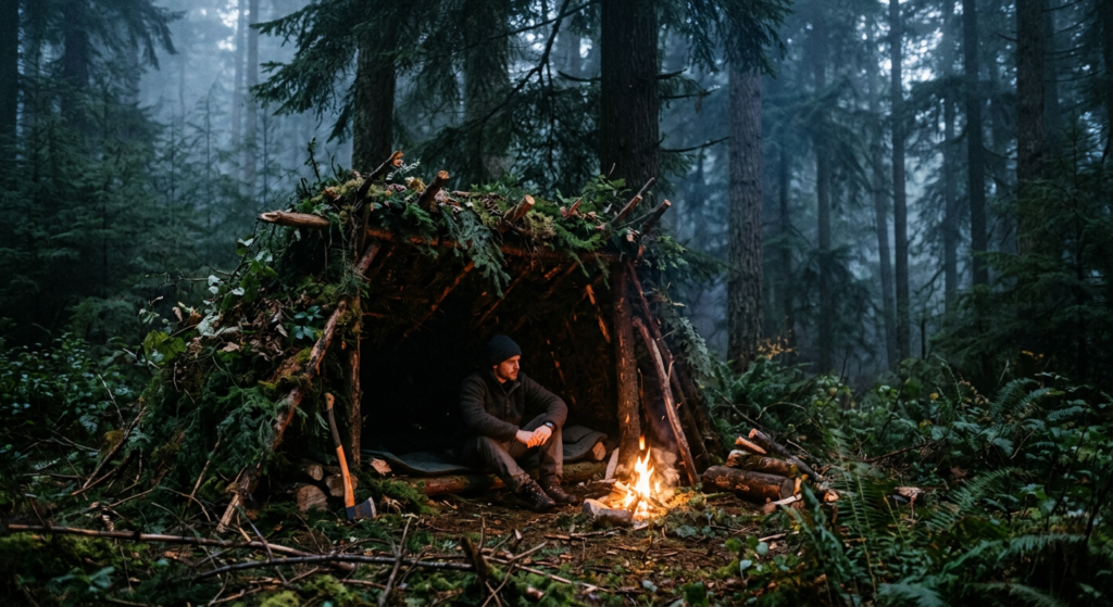 A cinematic, editorial-style shot of a makeshift wilderness shelter constructed from natural materia