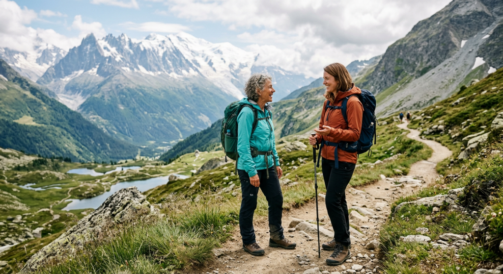 A professional, editorial-style photograph of two hikers meeting on a scenic mountain trail, sharing