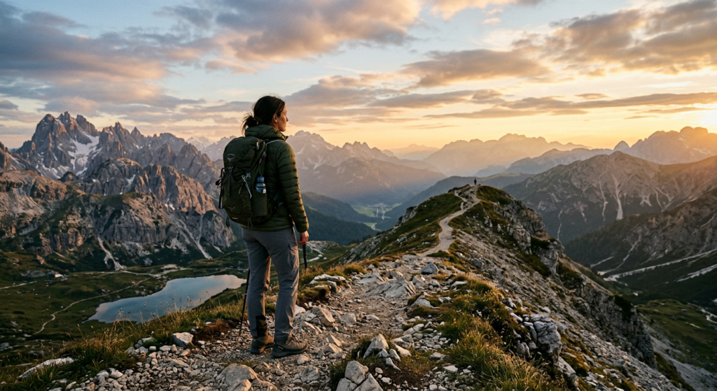A cinematic, high-quality editorial shot of a hiker standing on a mountain ridge looking at a vast,