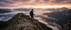 A cinematic, wide-angle shot of a solitary traveler standing on a windswept mountain ridge looking o