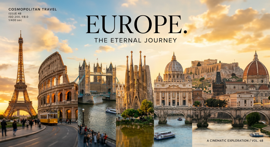 A high-end editorial travel photography composition capturing a seamless montage of iconic European