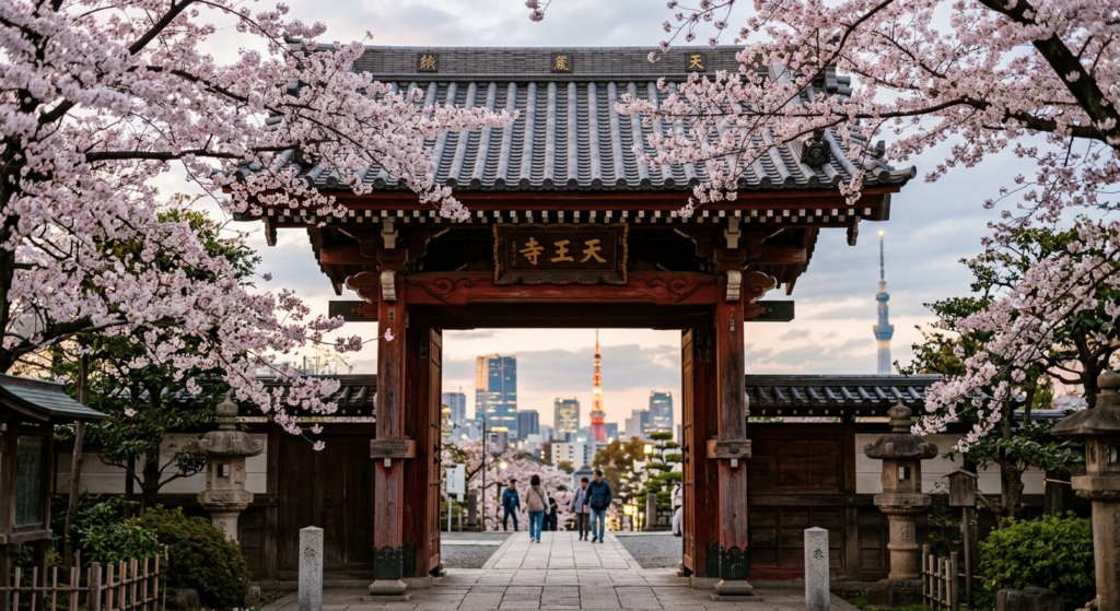 A professional editorial-style shot featuring a serene Japanese temple gate framed by cherry blossom