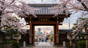 A professional editorial-style shot featuring a serene Japanese temple gate framed by cherry blossom