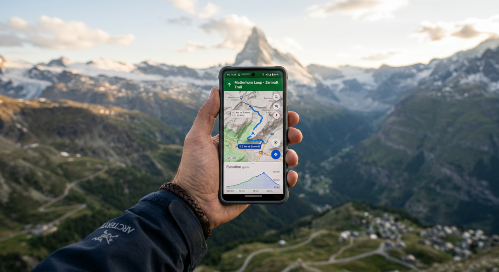 A high-quality, editorial-style photograph of a smartphone displaying a detailed map interface held