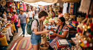 A professional, high-angle editorial shot of a friendly traveler using a smartphone translation app